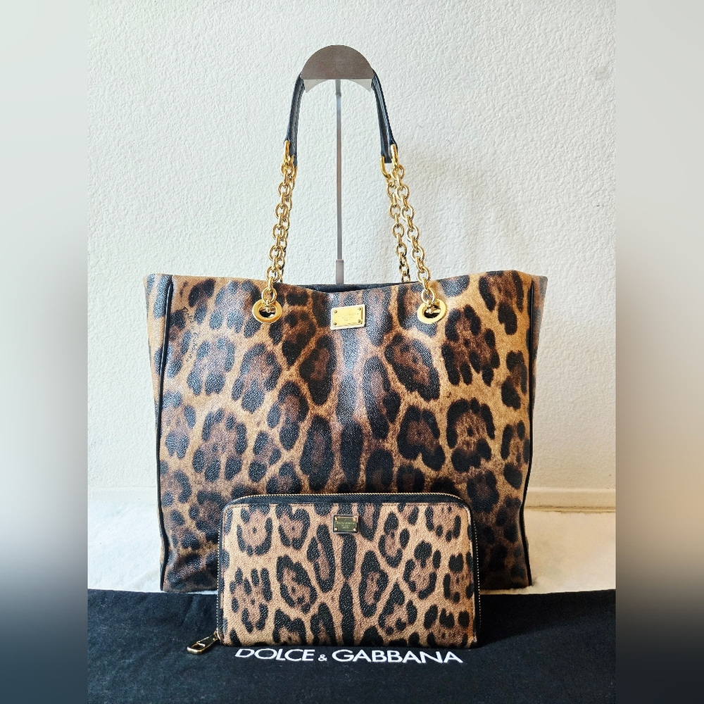 Dolce and Gabbana Leopard Print Shopping Tote Bag and Wallet Organizer Set